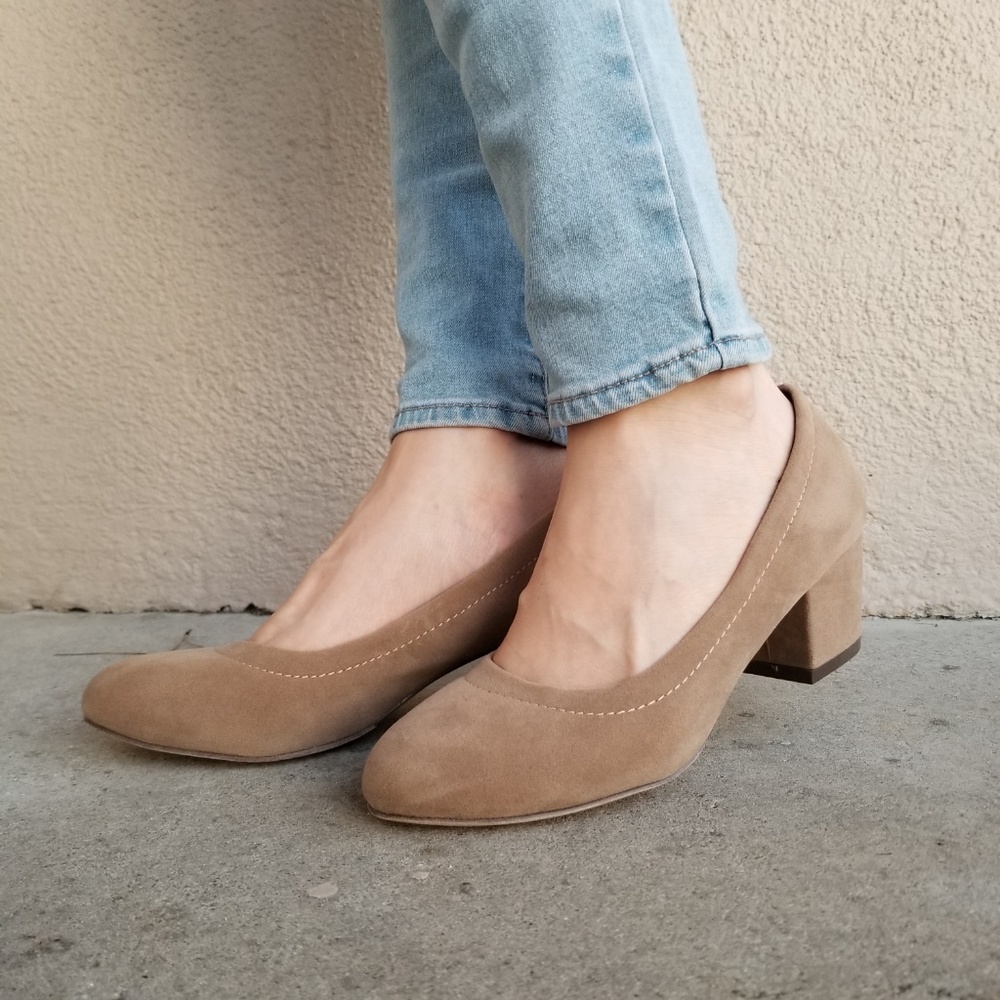 Taupe Vegan Suede Round Toe Chunky Heel Pump - Picture 6 of 8